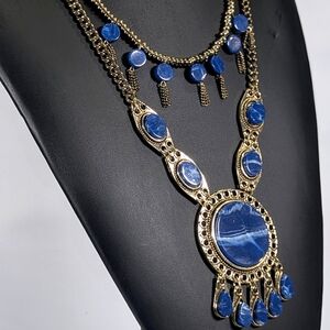 Etruscan Revival Layered Statement Necklace Gold Tone & Blue Faux Lapis